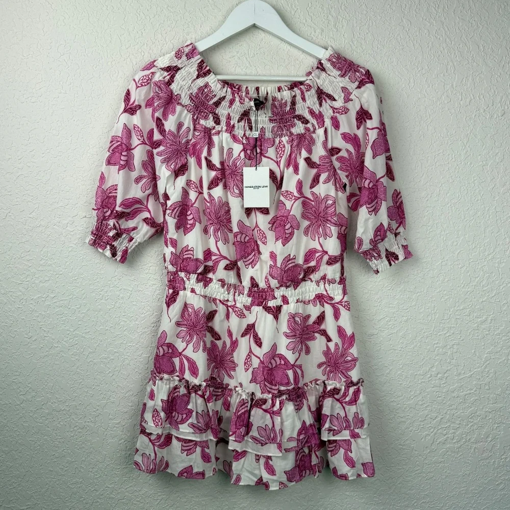 Generation Love Womens Fiona Floral Printed Pink Cotton Mini Dress Large - Picture 3 of 14